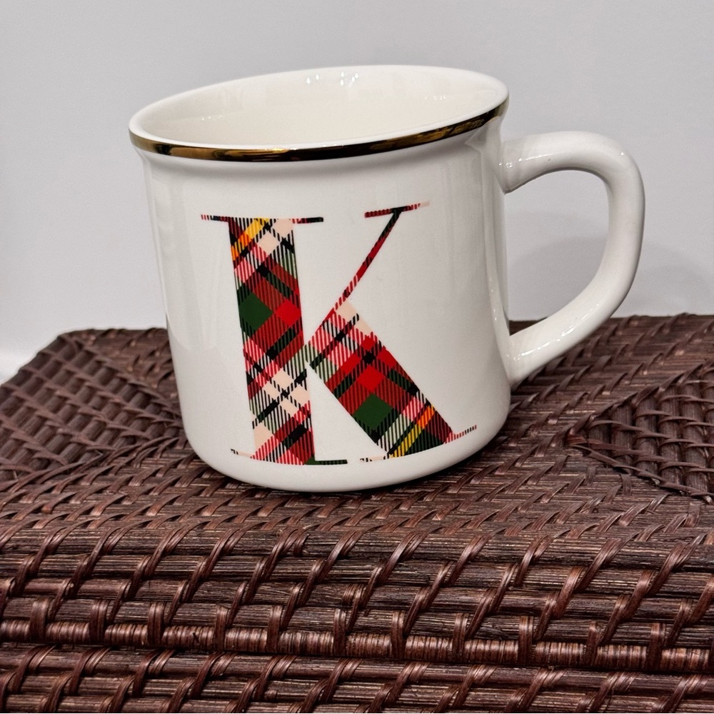 Pottery Barn Plaid Alphabet Stoneware Mug Letter โ Kโ Initial Personalized 16oz